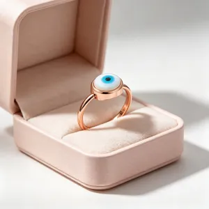 Detailopname van de boze oog ring met blauw en wit emaille ingelegd in roségoudkleur.