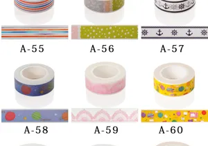 Detailed view of decorative Washi tape rolls featuring various colorful patterns like stripes.