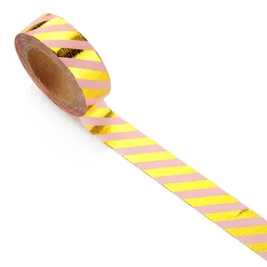 Gold foil pink striped washi tape for journaling, planner decoration and DIY crafting crafts.