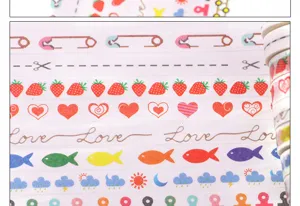 Detailed shot of decorative washi tape featuring cute strawberries, hearts, and lovely patterns.