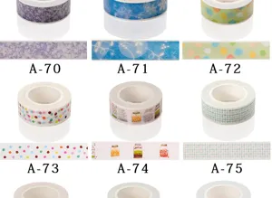 Detailed view of colorful decorative washi tape rolls and unfolded pattern sample designs.