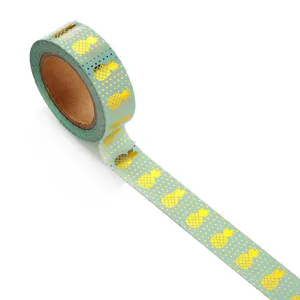 Ruban adhésif washi vert menthe avec motifs d'ananas et de pois dorés pour journal.