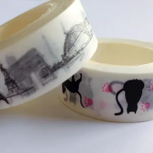 Decorative washi tape sets with cute cat and city landscape prints for journaling crafts.