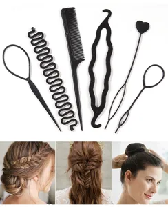 Professional 6-piece black hair styling tool set including combs and topsy tail braider tools
