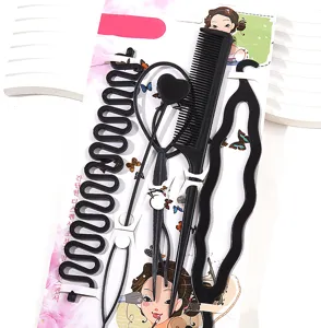 Comprehensive 6-piece black hair styling tool set including comb, braid tool and needles.