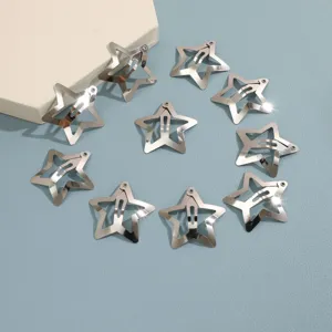 Detailed view of ten silver metal star-shaped BB hair clips arranged in a circular pattern.