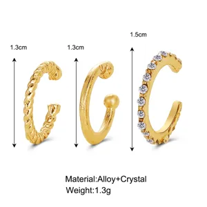 Detailed 1.3cm and 1.5cm size specs for alloy and crystal gold ear cuff three-piece set