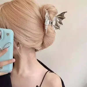 Elegant silver metal bat wings hair claw clip for minimalist woman bun hairstyles