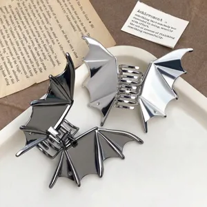 Stylish minimalist metal bat wing hair claw clips in silver and gunmetal finishes for women