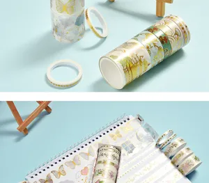 Details of creative gold stamping washi tape set featuring vintage animals, flowers, and patterns.