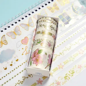 Creative gold foil washi tape set, decorative floral and butterfly stationery stickers.