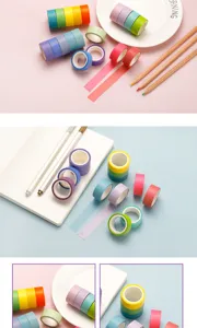 Colorful washi tape detail view, solid rainbow adhesive masking tape for journaling crafts.