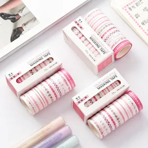 Pink masking tape set 8mm rainbow decorative sticky tape rolls for DIY journaling and crafts.
