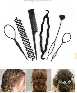 Professional 6pcs hair styling and braiding tool set for creating elegant hairstyles