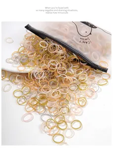 Close-up of assorted earth tone hair elastic bands in a frosted plastic zipper bag.