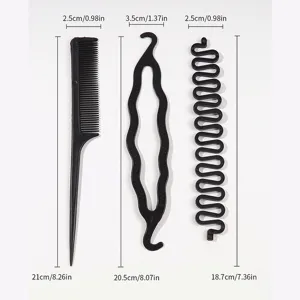 Black hair styling tool set with comb and braiders including detailed measurements