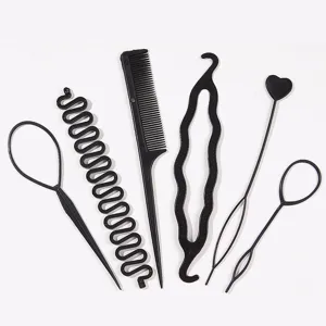 Professional 6-piece black plastic hair styling tool set for braiding, bun making, and ponytails