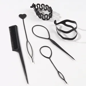Professional 6-piece black hair styling tool set including comb and braiding needles for DIY