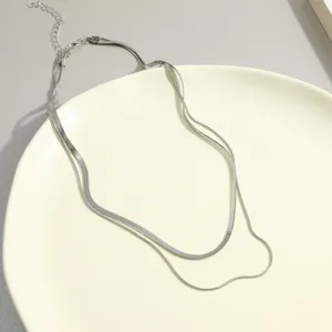 Detailed view of a minimalist double-layered silver-tone snake chain necklace.