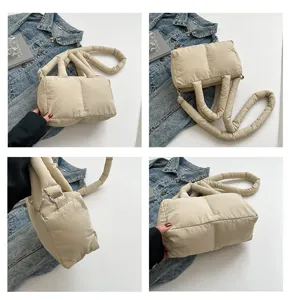 Gedetailleerde weergaven van een beige gewatteerde nylon crossbodytas vanuit meerdere hoeken