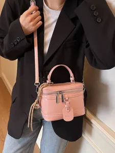 Stylish pink box handbag for women with double zipper and detachable shoulder strap