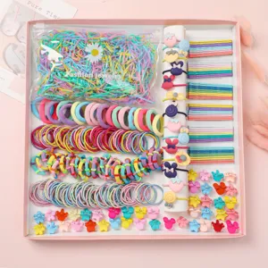 Detailed macro view of a colorful children's hair accessory set with various clips