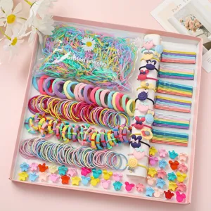 Detailed view of children's hair accessory set including colorful bands and clips