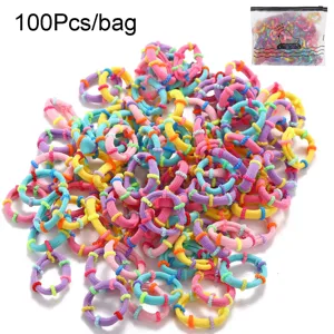 Set of 100 vibrant colorful elastic hair ties for kids in a clear zipper storage bag