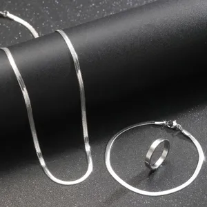 Elegantes Schmuckset aus silbernem Edelstahl mit Schlangenkette, Armband und Ring.