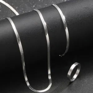 Detailaufnahme der schlichten Edelstahl-Schlangenkette und des minimalistischen Rings
