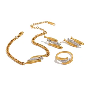 Elegant gold and silver titanium steel three fish jewelry set with bracelet and ring
