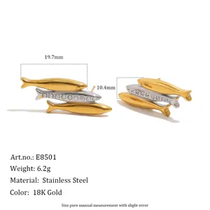 Close-up of stainless steel fish stud earrings with dimensions and material info