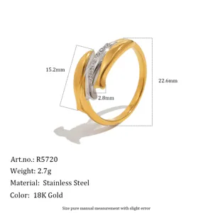 Two-tone stainless steel fish ring with zircon accents and detailed size measurements