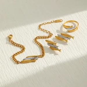 Detail view of 18K gold-plated stainless steel jewelry set with three-fish design elements