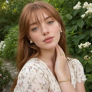 Detailed view of 18K gold plated stainless steel fish jewelry set worn by a model in nature.