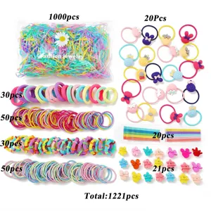 Comprehensive 1221pcs kids hair accessories set featuring colorful ties and clips.