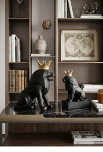 Figuras geométricas de león negro con coronas doradas para decoración de salón moderno