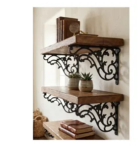 Detailed macro view of ornate European retro cast iron shelf brackets with rustic wood