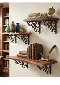 Detailed macro view of ornate vintage cast iron wall brackets supporting rustic wood shelves