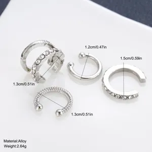 Detailed size measurements of four silver C-shaped non-piercing ear cuffs for women