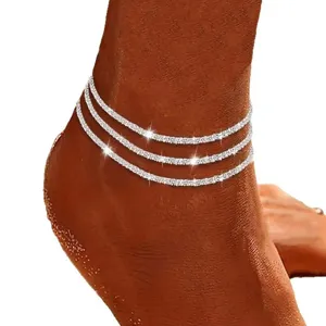 Elegant three-layer sparkling rhinestone anklet set for women minimalist beach style