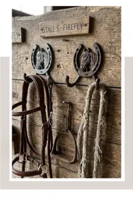 Vintage Hufeisen-Wandhaken aus Gusseisen mit Pferdekopf-Design an rustikaler Holzwand.