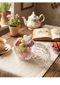 Tarro de cristal grabado vintage con macarons de colores en un ambiente estilo francés