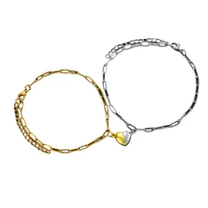 Pulseras de pareja con corazón magnético en acero inoxidable dorado y plateado sólido