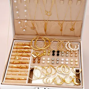 Detailansicht eines goldfarbenen Schmucksets aus Legierung mit eleganten Kunstperlen.