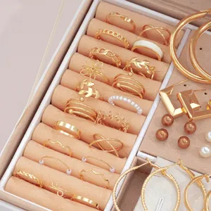 Nahaufnahme von goldfarbenem Ring- und Ohrring-Set mit Perlenimitaten in Box.