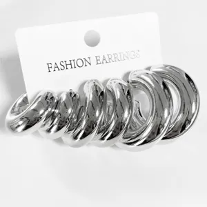 Juego de Pendientes de Aro Gruesos de Torsión Geométrica para Mujer Minimalista Plata Resina Aleación Galvanizado Pendientes Redondos Combinados