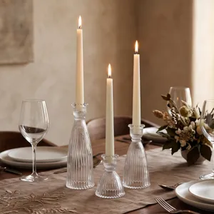 Portacandele in Vetro Trasparente a Costine Nordico Candeliere Francese a Motivo Verticale per Tavolo da Pranzo Decorazione Casa