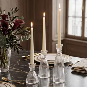 Set di tre portacandele in vetro trasparente a coste in stile nordico moderno