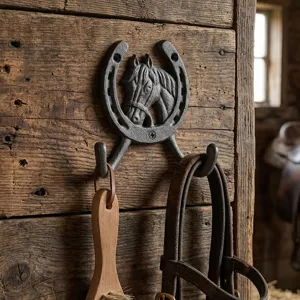 Rustikaler Vintage Hufeisen Wandhaken aus Gusseisen mit Pferdekopf für Wanddekoration